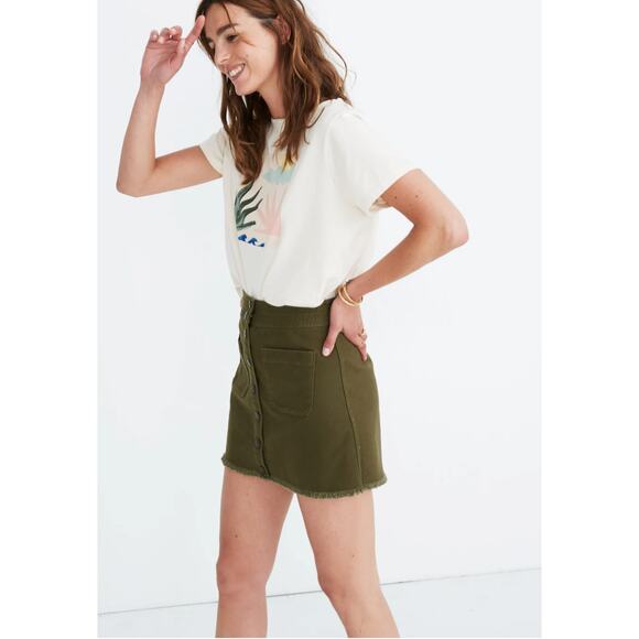 Madewell Kale Green Stretch Raw Hem  Button Fly A-Line Mini Skirt Plus Size 14 - Picture 3 of 16